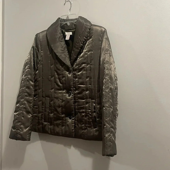Chico’s Quilted Satin Jacket/Coat silver/green - Picture 2 of 8